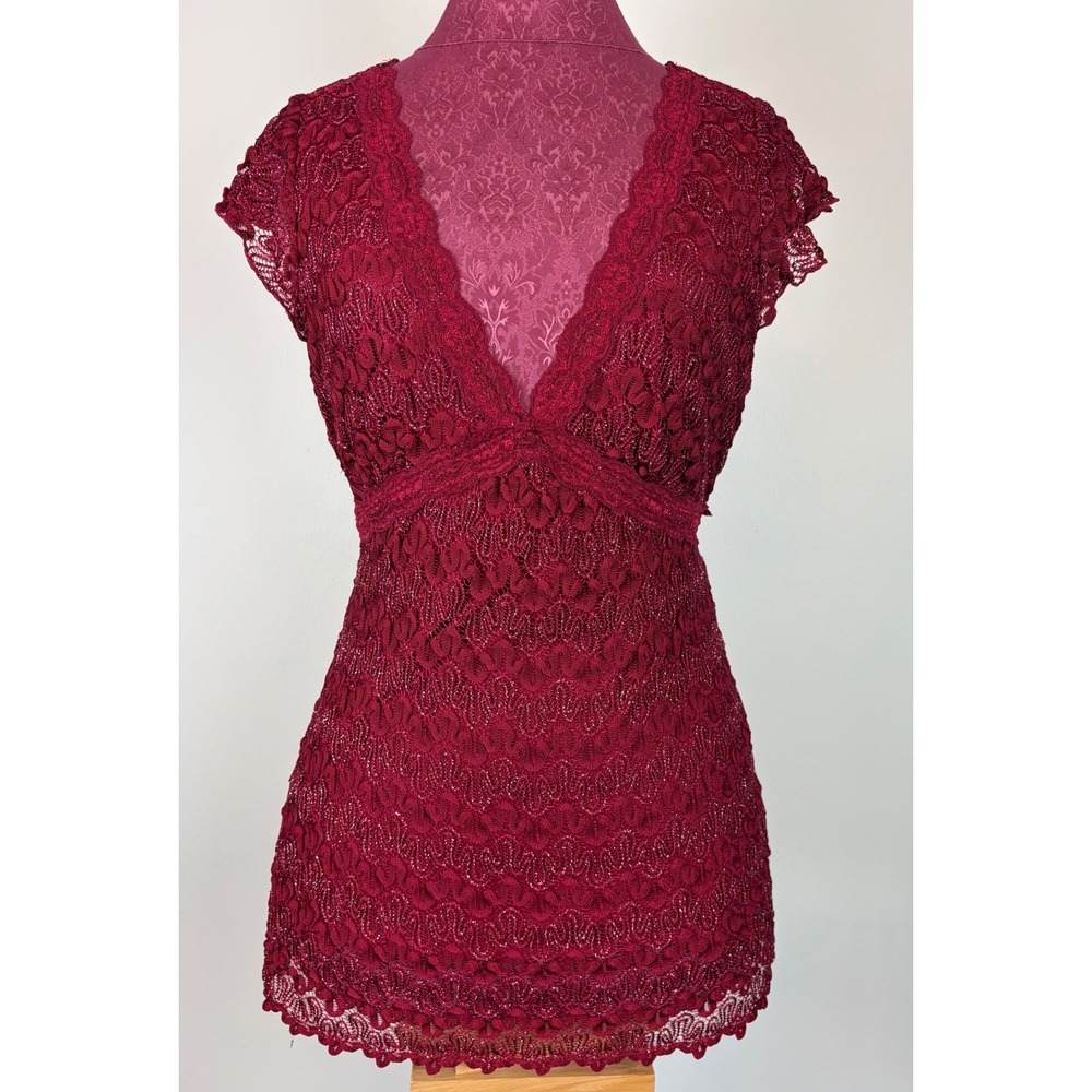 Y2K Heart Soul Lace Top XL Babydoll Crochet Red Metallic Shimmer V-Neck Tie Back
